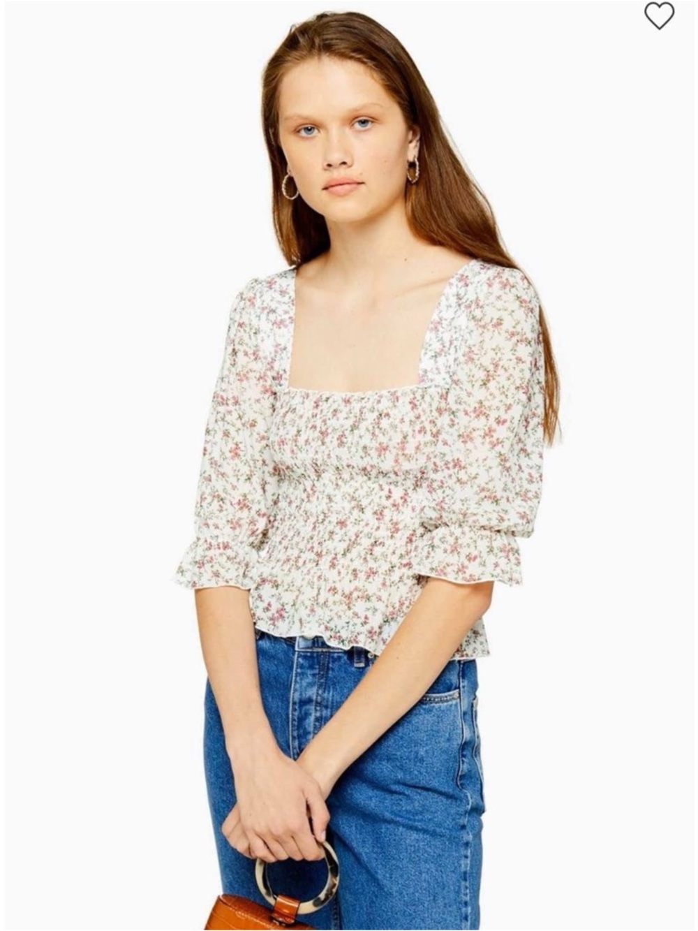 Topshop Floral Square-Neck Mesh Smocked Top